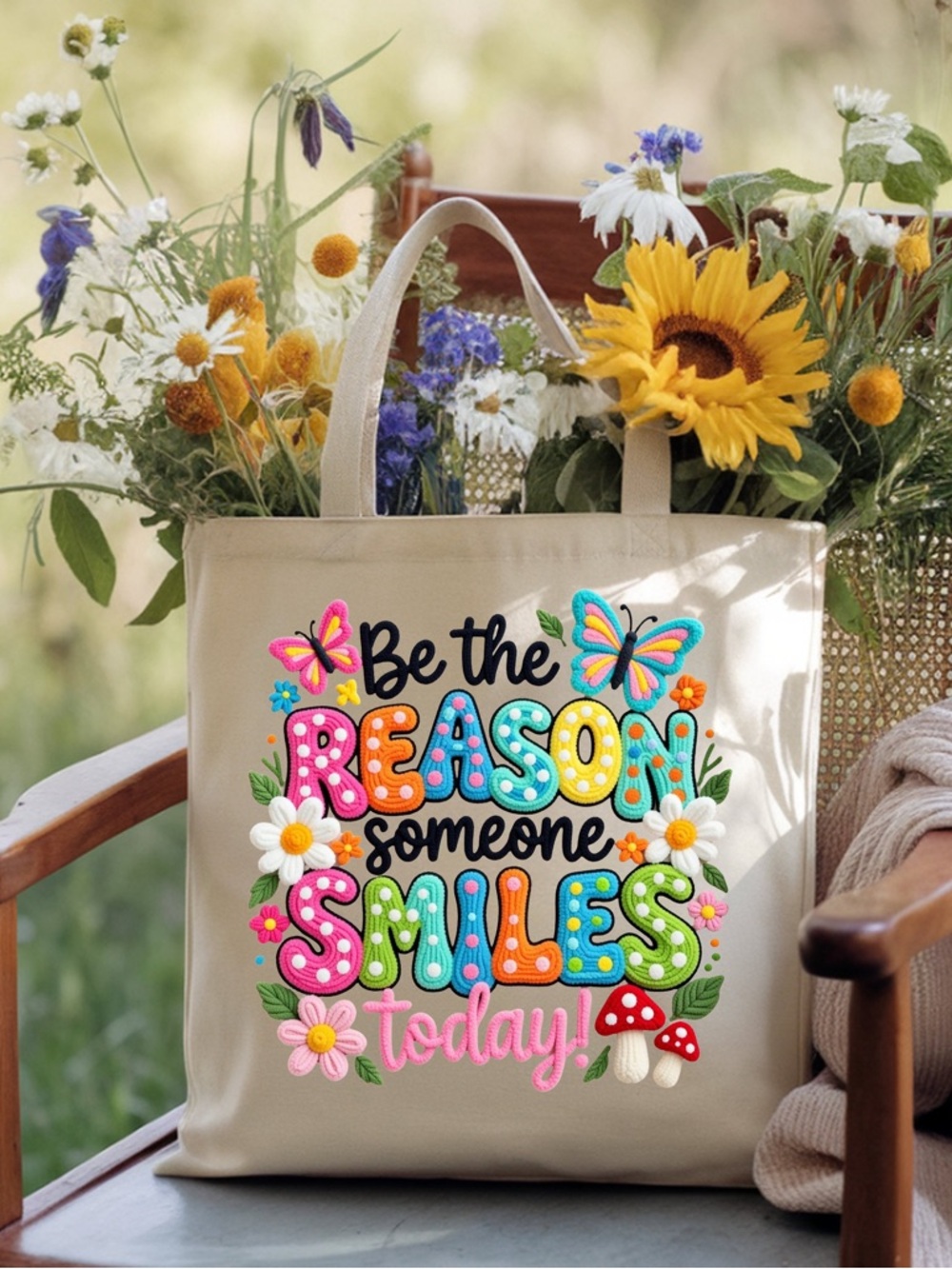 Colorful "Be the Reason Someone Smiles Today" Tote Bag